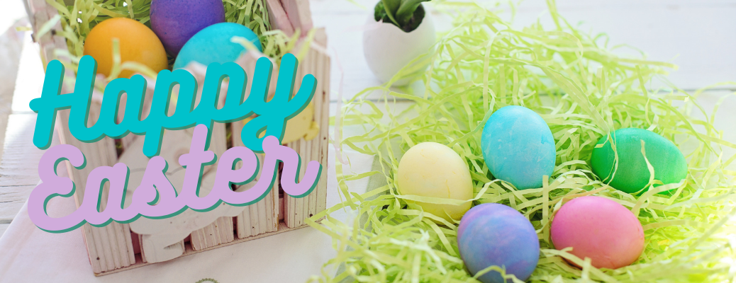 Eggs in basket with "Happy Easter" blue and purple text
