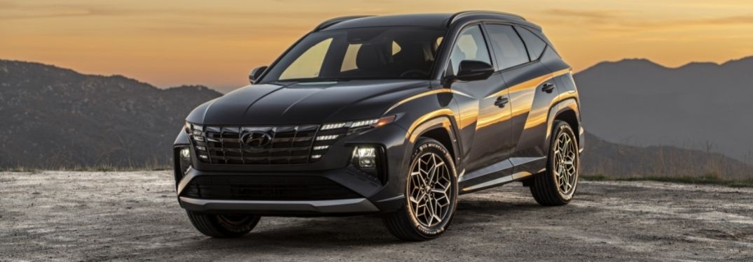 Gray 2022 Hyundai Tucson N Line on a Mountain at Sunset