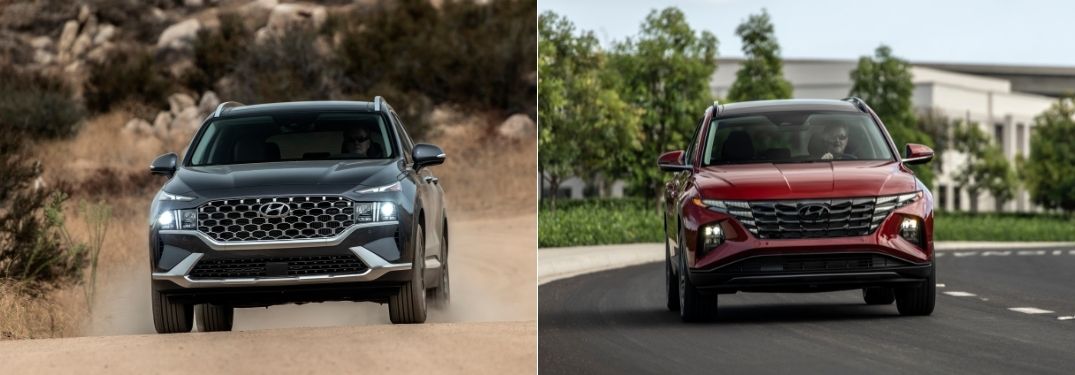 Gray 2022 Hyundai Tucson Front Exterior on Dirt Road vs Red 2022 Hyundai Tucson Front Interior on City Street