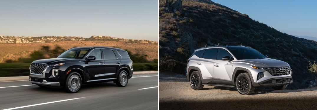 Black 2022 Hyundai Palisade Front on Highway vs Silver 2022 Hyundai Tucson Front on a Trail