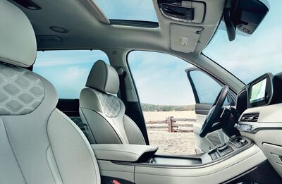 Interior view of a Hyundai Palisade, showing the light-colored leather seats, dashboard, and a glimpse of the outside through the open door.