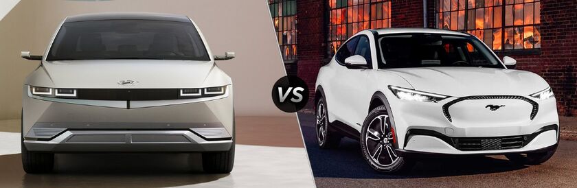 A comparison of the Hyundai Ioniq 5 and Ford Mustang Mach-E. The Ioniq 5 is on the left, and the Mach-E is on the right.