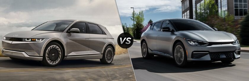 A comparison image of the Hyundai Ioniq 5 (left) and the Volkswagen ID.4 (right). Both are silver electric SUVs shown driving on roads.