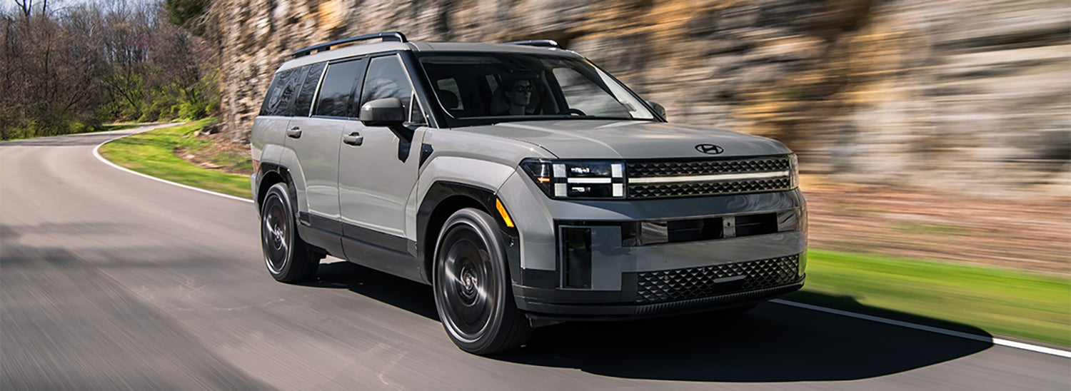 A gray Hyundai Palisade driving at high speed on a winding road through a forest.