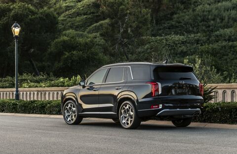 A black Hyundai Palisade parked on a tree-lined street.