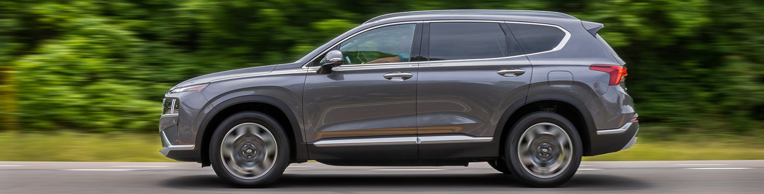 A gray Hyundai Palisade driving on a winding road through a lush green forest.