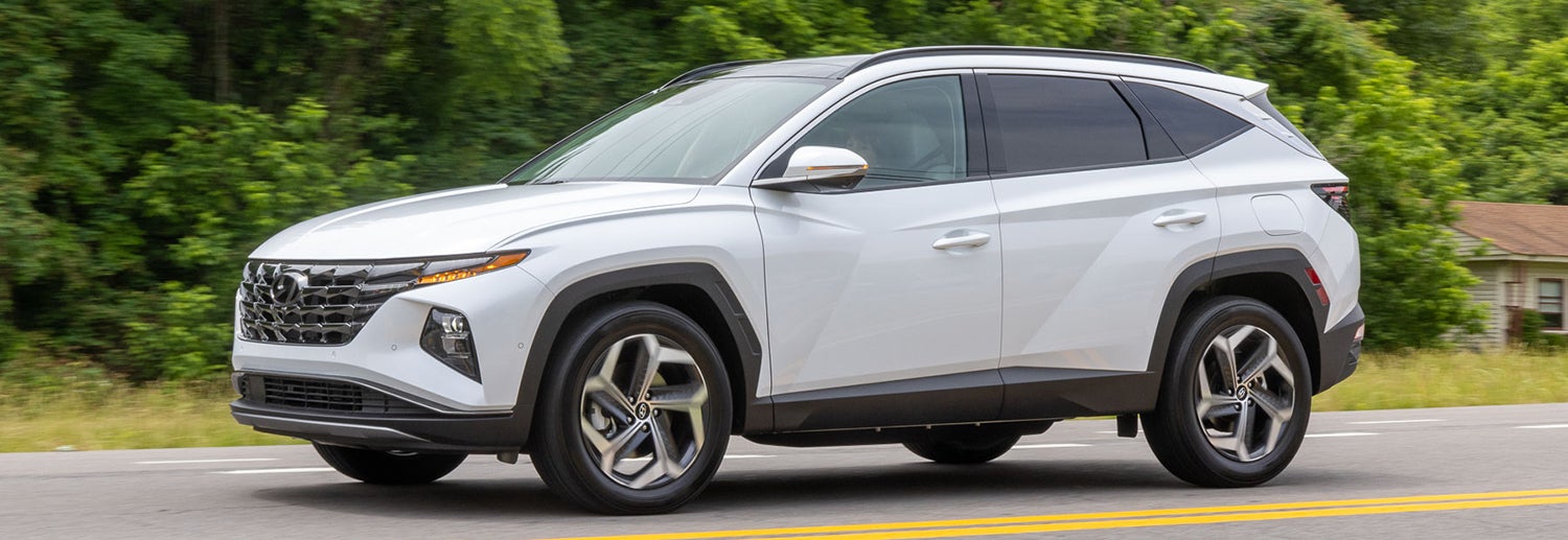 A white Hyundai Tucson driving on a winding road through a lush green forest.