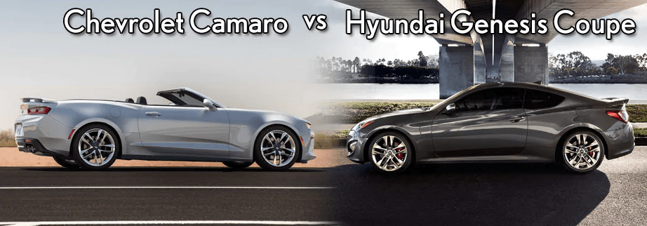 A side-by-side comparison of a silver Chevrolet Camaro convertible and a gray Hyundai Genesis Coupe. Both cars are parked on a road with a bridge in the background.