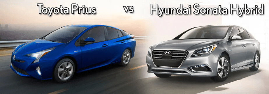 A comparison image of a blue Toyota Prius and a silver Hyundai Sonata Hybrid. Both hybrid cars are shown driving on a road.