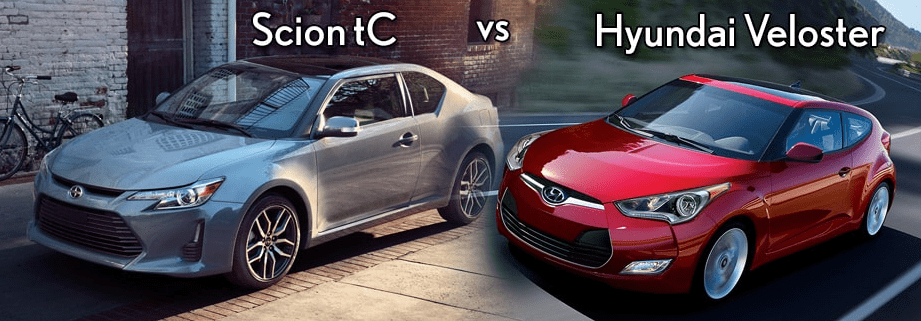 A comparison image of a silver Scion tC and a red Hyundai Veloster. The Scion tC is parked on a city street, while the Veloster is shown driving on a road.