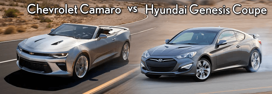 A comparison of a silver Chevrolet Camaro convertible and a gray Hyundai Genesis Coupe. Both sports cars are shown driving on a road.