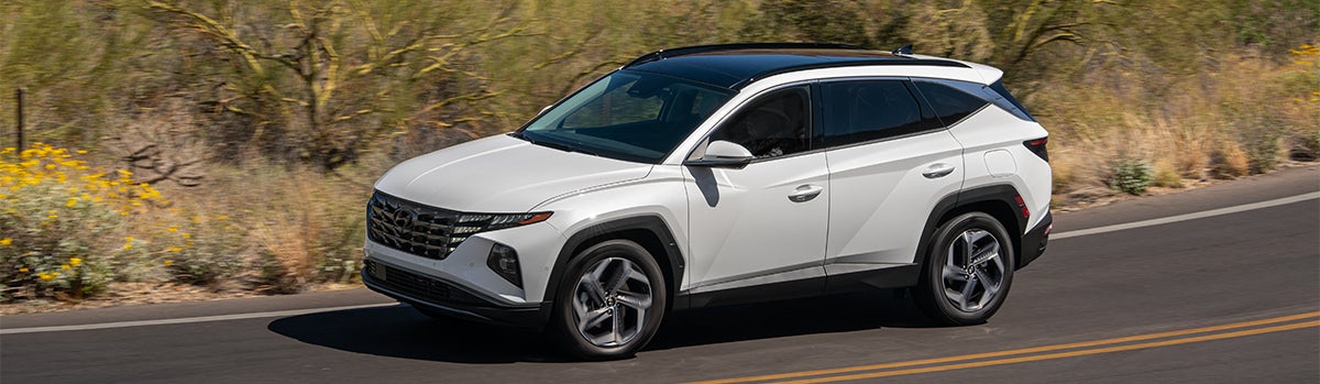 A white Hyundai Tucson driving on a winding road through a desert landscape.