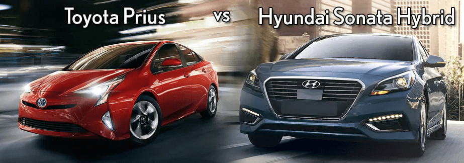 A comparison image of a red Toyota Prius and a blue Hyundai Sonata Hybrid. Both hybrid cars are shown driving on a road.